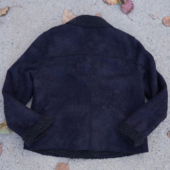 AE Faux Suede Moto Jacket Black Sherpa Lined Women's M Zip Up Winter - Picture 3 of 15